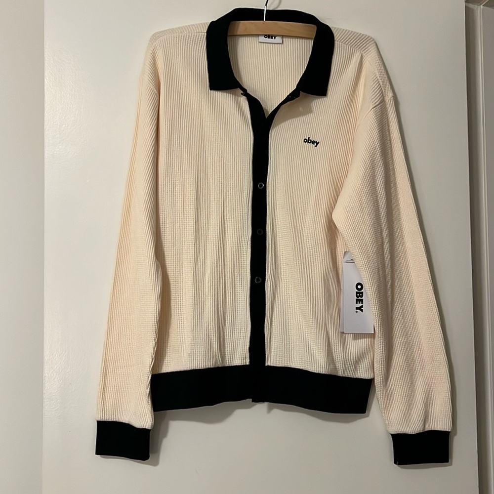 OBEY Cream Black Waffle Long sleeved polo
